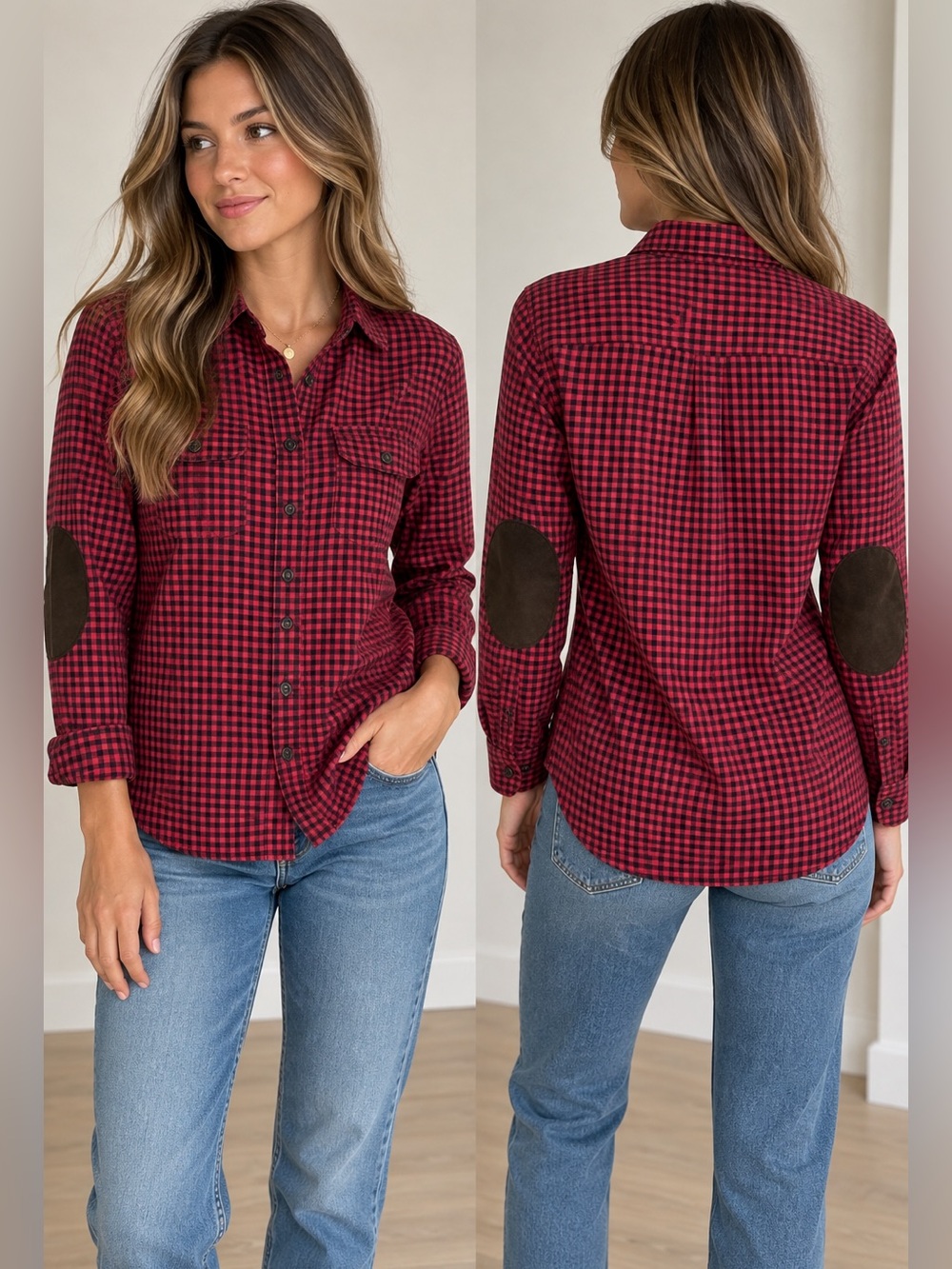 Ralph Lauren Sport Polo Red Black Check Flannel Shirt Suede Elbow Patches Sz. 2